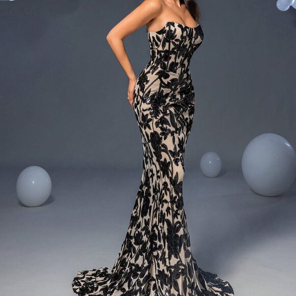 Black Elegant Women's Strapless Floor Length Floral Sparkly Sequin Party Gown - Picture 5 of 7
